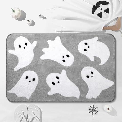 Tinideya Halloween Ghost Bathroom Rug 20 x 32 Inch Cute Spooky Halloween Bathroom Decor Non Slip Bath Mat Machine Washable Ghost Shower Floor Mat for Bath Home Decor(Gray, White)