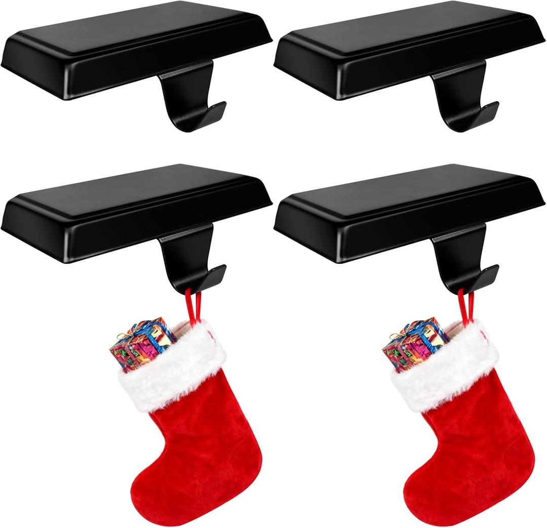 Christmas Weighted Stocking Holders For Mantle Set of 4,Mantle Stocking Hangers,Heavy Duty Christmas Stockings Holders Christmas Ornaments for Counter Tables Window Fireplace Mantle Decoration (Black)