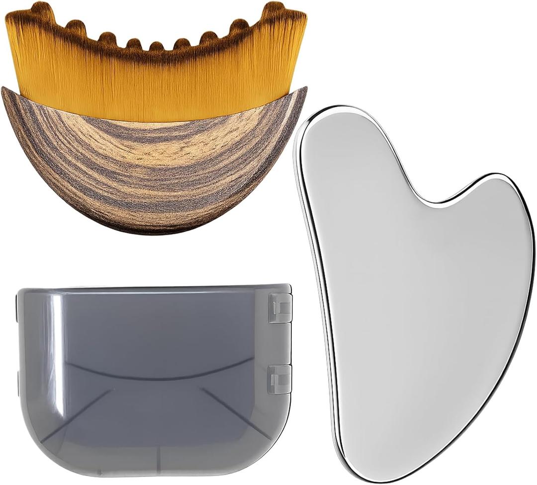 Stainless Steel Gua Sha Tool & Lymphatic Drainage Face Brush Set, TWPER Facial Massage Kit for Jawline Sculpting Puffiness Lifting Relaxation, Contour Face Brush with Storage Case