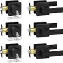 Exterior Door Lock Set, Door Locks for Front Door with Single Cylinder Deadbolt Lock, Matte Black Flat Square Passage Door Handle with Key for Front Door, 3 Pack (All Same Keyed Alike)