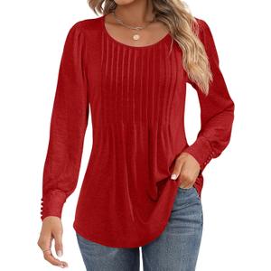 Ficerd Women's Puff Long Sleeve Tunic Tops Pleated Crew Neck Blouses Dressy Casual Loose Fit Fall and Winter Shirts (M)