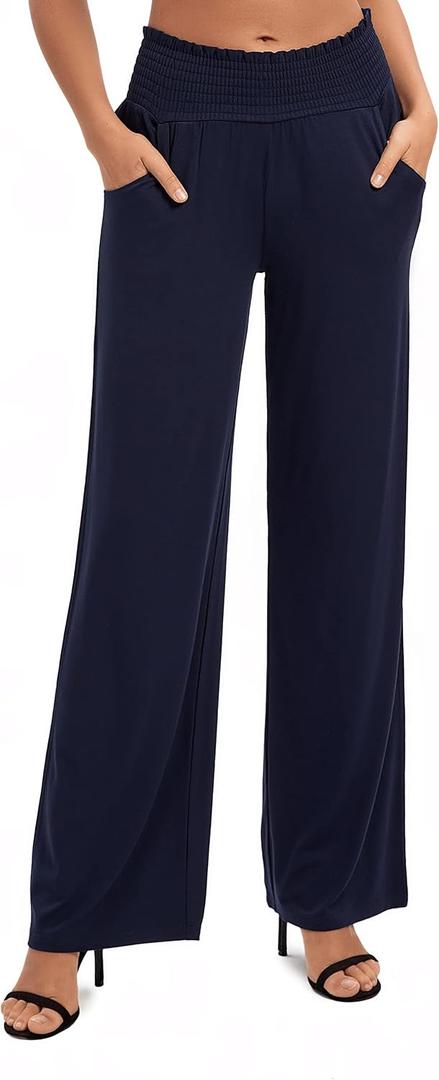 Urban CoCo Womens High Waist Flowy Palazzo Pants Elastic Waist Wide Leg Stretchy Straight Leg Dressy Casual Lounge Trousers (Navy Blue, S)