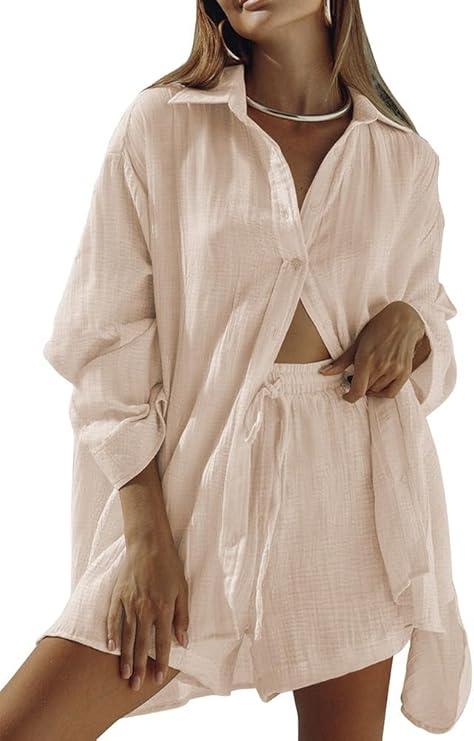  2 Piece Outfits Long Sleeve Button Down Blouse and Shorts Sweatsuit Sets S/M