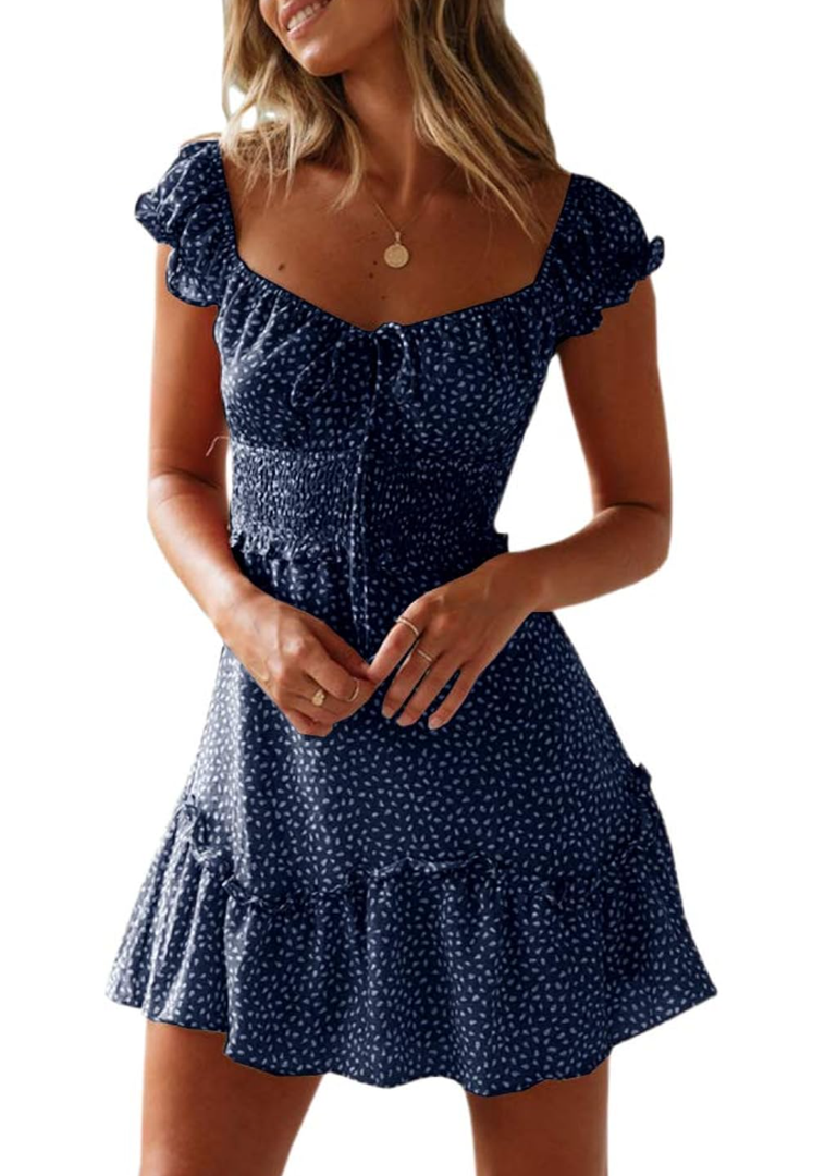 YOBECHO Womens Summer Ruffle Sleeve Sweetheart Neckline Printing Dress Mini Dresses, Small