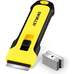 JETMORE Razor Blade Scraper Tool With 15pcs Extra Blades, Paint Scraper for Cleaning, Glass Scraper for Windows, Oven Cleaning Tools, Cuchilla Para Limpiar Cosina, Cleaning Razor for Ceramic Stove Top (Yellow)