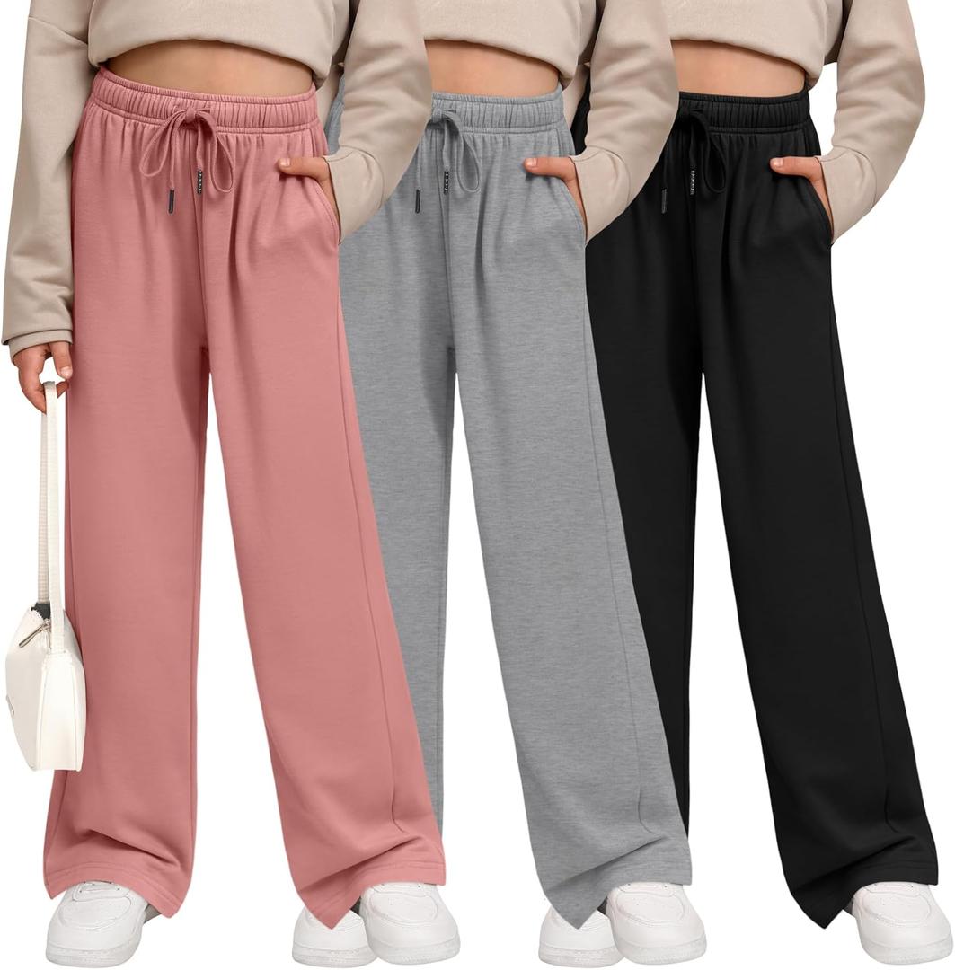 3 Pack Girls' Sweatpants Wide Leg Drawstring Casual Kids Joggers Open Bottom Loose Solid Teen Pants with Pockets (Large, Coral Pink, Light Gray, Black)