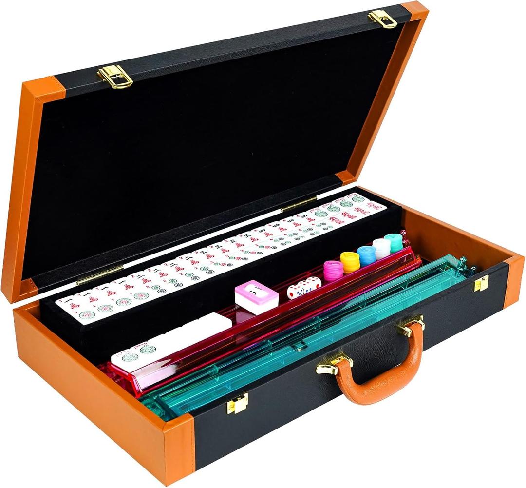 Mahjong Set, American Mahjong Set, 166 White Engraved Mah Jong Tiles Game Set, with Premium Carrying Case, with 4 Racks with Pushers, Betting Coins, Dice, Manual, Mah Jong Set Gifts