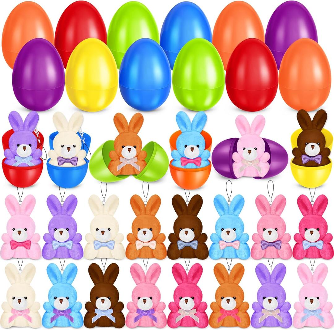 24 Pack Prefilled Easter Eggs with Plush Bunny Toys, Plush Animal Keychain for Easter Hunt, Basket Stuffers Filler, Easter Party Favors, Classroom Prize, Surprise Egg