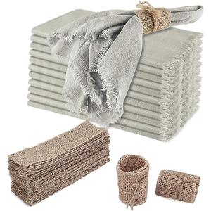 VIJIV 8 Pack Cheesecloth Dinner Napkins and Burlap Napkin Rings Set of 4 Natural, Cotton Linen Napkins Fringe, 18x18 Inches Decorative Boho Cheese Cloth Napkins for Wedding Western Party Decorations (Beige)