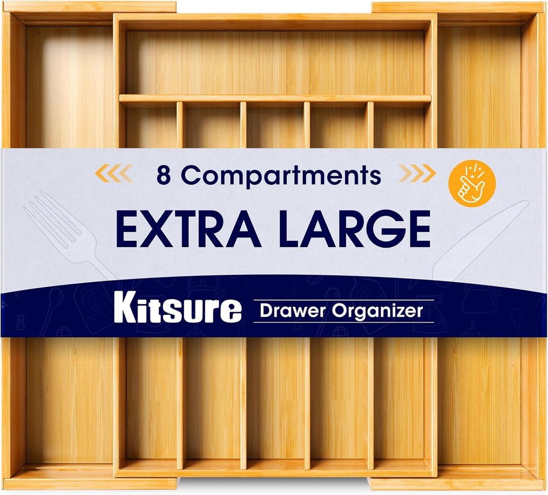 Kitsure Large Bamboo Silverware Organizer - Expandable Drawer Organizer for Utensil, Cutlery and Flatware, Kitchen Storage Solution with 6 to 8 Slots, Natural, 19.4"  13.1"  1.8"
