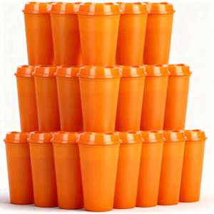 20 Pack Reusable Coffee Cups with Lids 16 oz Plastic Tumblers Travel Mug Iced Coffee Cup for Adults and Women Hot and Cold Drinks, Microwaveable(Orange)