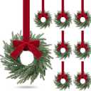 8 Pcs Small Christmas Norfolk Wreaths Evergreen 12.6 Inch Christmas Kitchen Cabinet Mini Wreaths Real Touch with Bow and Burgundy Ribbon for Xmas Front Door Window Home Table Pillar Decor