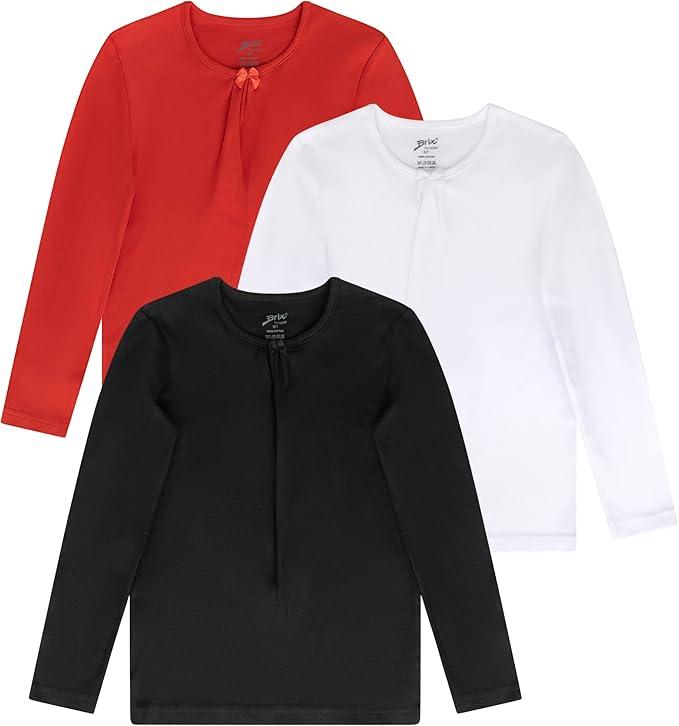 Brix Girls' Long Sleeve Tee - Shirts Fashion Girls 3 Pk Tagless with Bow. red, black and white