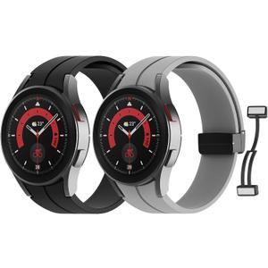 MoKo Bands Compatible with Samsung Galaxy Watch 6/ 5/ 4 40mm 44mm/ Watch 6 Classic 43mm 47mm/ Watch 5 Pro 45mm/ Watch 4 Classic 42mm 46mm, Magnetic D-Buckle Replacement Silicone Strap, 2Pack B