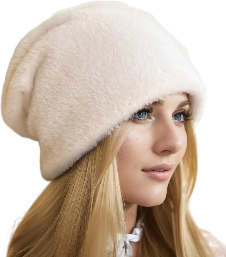 Slouchy Beanie Hat - Double Layer Knit Winter Hat for Women - Versatile - Great Elasticity, White