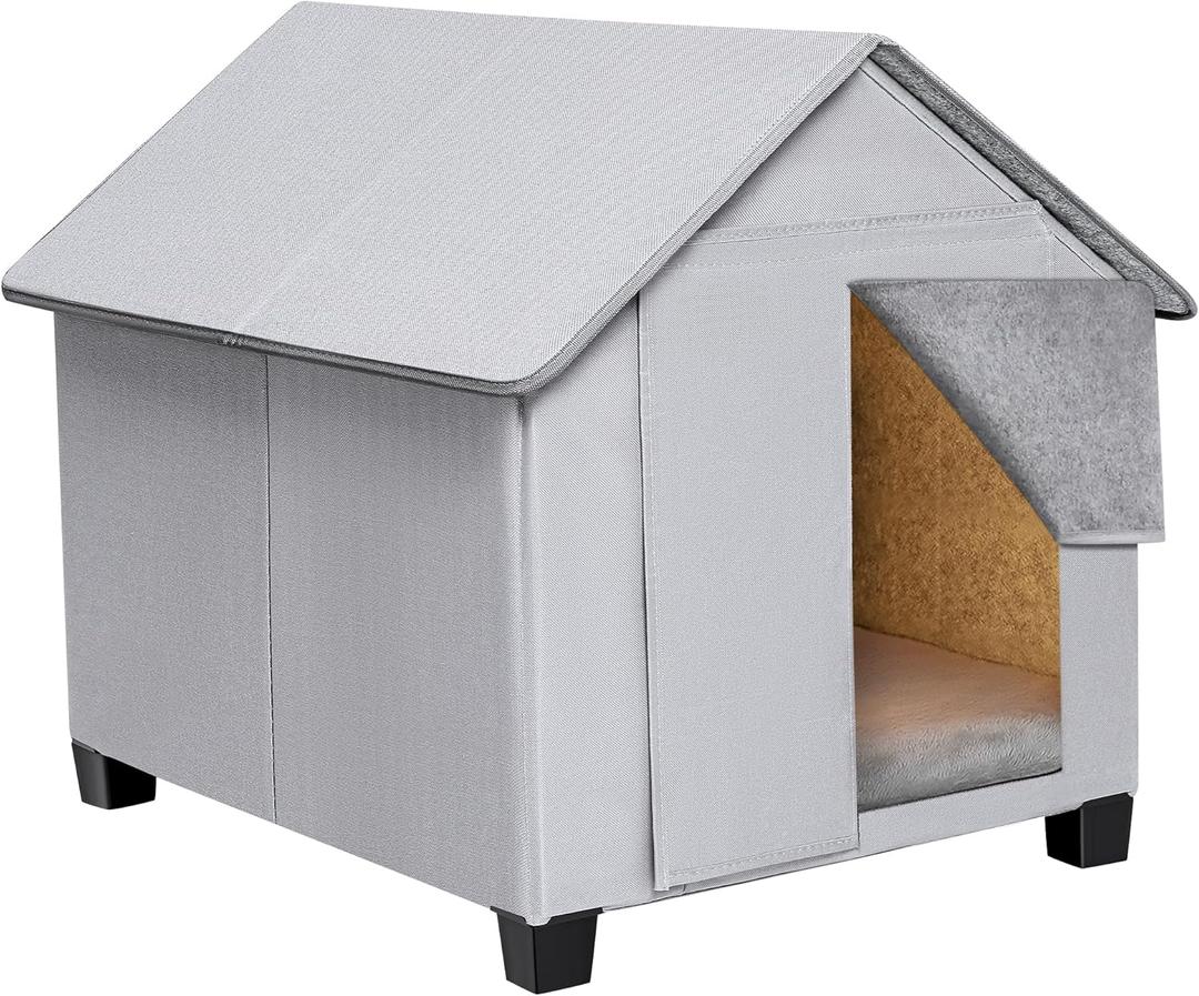 Outdoor Dog House, Elevated Foldable Dog Cave Bed with Removable Plush Mat for Medium Dogs Up to 23.6 Inches Long