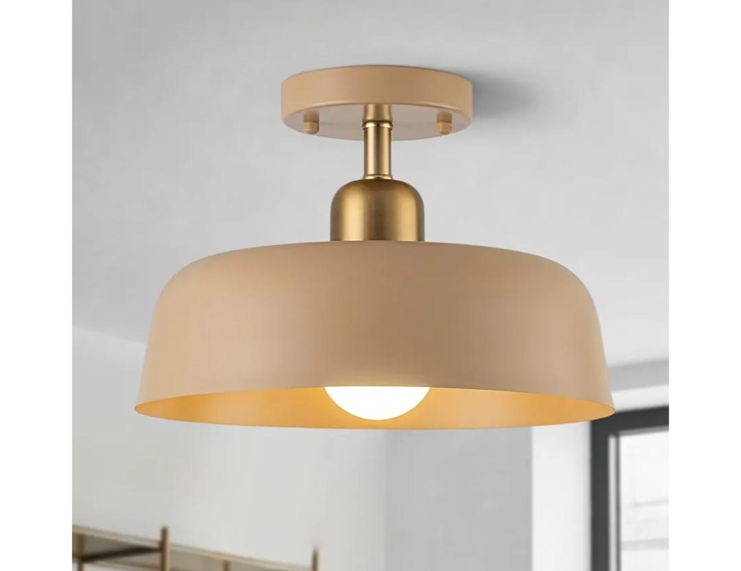 FTL Modern Semi Flush Mount Ceiling Light Brown and Gold Metal Shade 12.6" Mid Century Close to Ceiling Light Fixture for Kitchen Hallway Entryway Foyer Bedroom Laundry Room