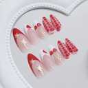 Red French Tip Press on Nails Almond Medium Fake Nails 3D Gold Star False Nails with Cherry Alligator Pattern Designs Stick on Nail Cute Valentine Acrylic Glue on Nail for Women Girls 24PCS
