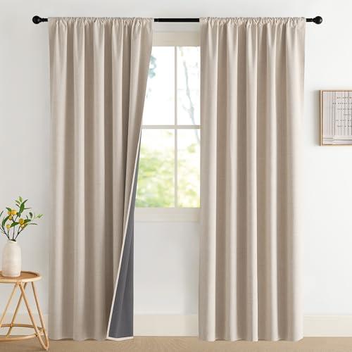 NICETOWN 1 Panel Natural Linen 100% Blackout 52 x 80 Inches Curtain for Bedroom - Faux Linen Textured Rod Pocket Drapes - Thermal Insulated & Light Blocking Window Treatment for Nursery
