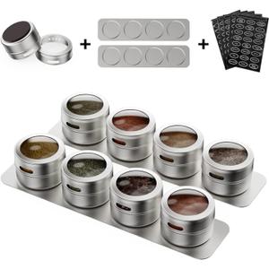 Set of 8 Magnetic Spice Tins with 2 Metal Wall-Plates,100 Preprinted Seasoning Label Stickers,2 Styles for 3 oz Herb Jars
