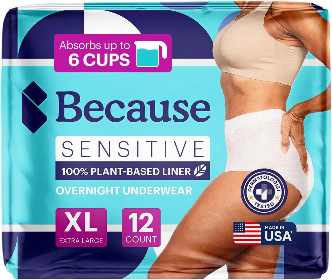 Because Adult Incontinence Underwear for Sensitive Skin - Women - Premium Overnight Disposable Briefs, Anti Odor - White, X-Large - Absorbs 6 Cups - 12 Count (Pack of 1)