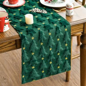 Artoid Mode Christmas Trees Stars Green Soft Plush Faux Fur Jacquard Christmas Table Runner, Holiday Dining Table Decoration for Home Party Decor 13x72 Inch