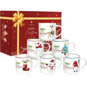 QIKSION Christmas Coffee Mugs Set of 6, 14oz Hot Chocolate Mugs, Cocoa Ceramic Mug, Perfect for Holiday Gifts