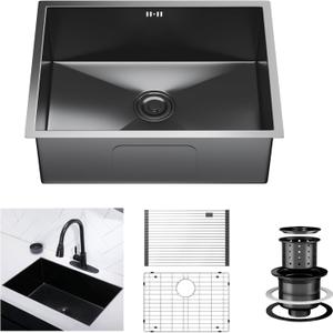 24 Inchs Undermount Kitchen Sink, 24 x 18 x 9 Inch Black-Grey Single Bowl, 16 Gauge Stainless Steel Nano Black Sink with Accessories for Workstation, Prep Kitchen, Bar Sink