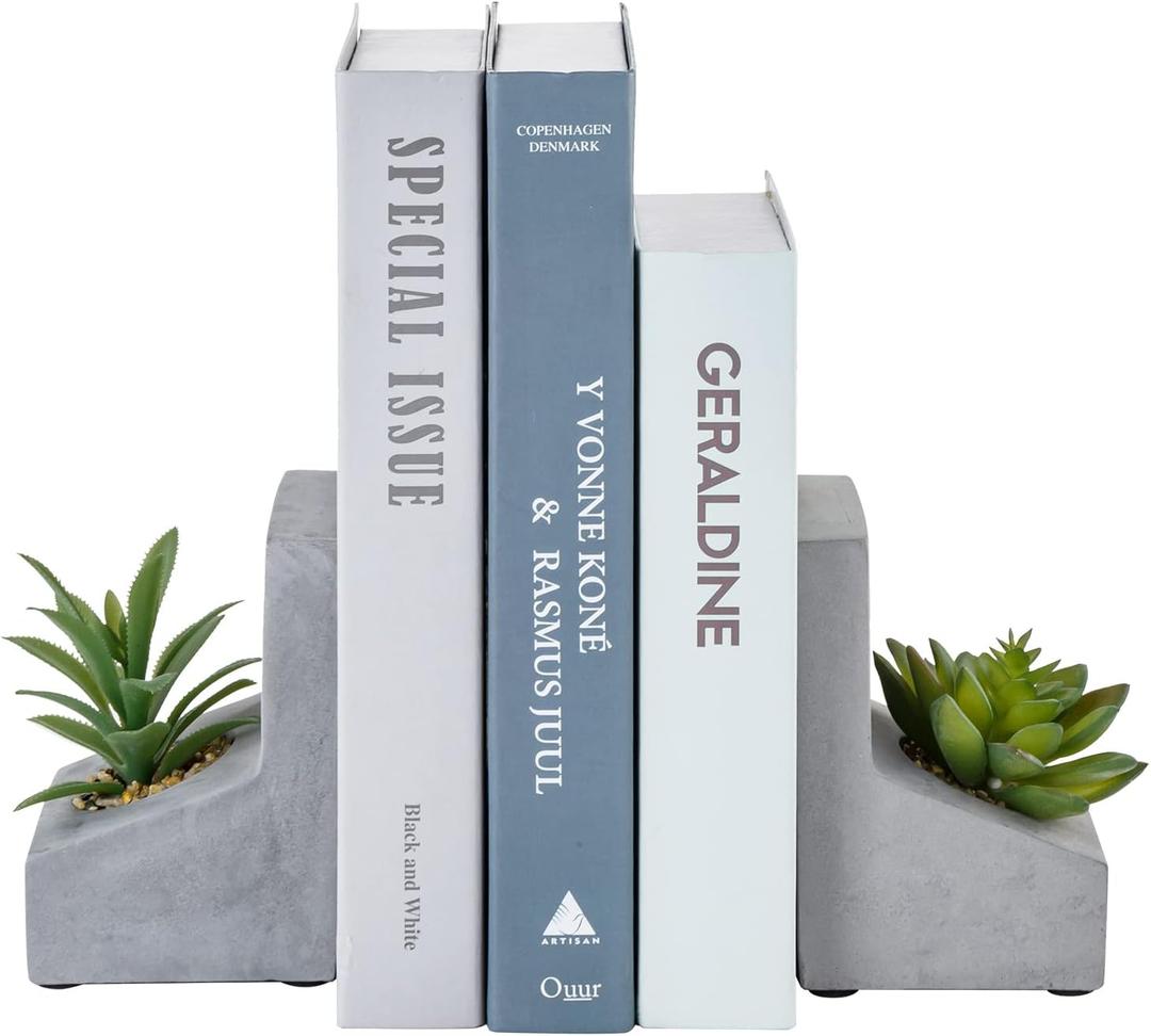 MyGift Decorative Bookends for Heavy Books, Book Ends with Planted Artificial Succulent Plants, Book Stands for Shelves Desktop, 1 Pair, L-Shaped Concrete