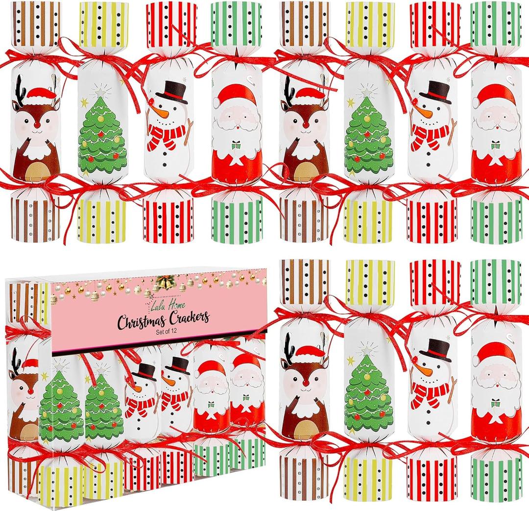 Lulu Home 12 Pack No-Snap Christmas Crackers Set, Party Favors with Hats, Jokes & Small Gifts for Xmas Holiday Dinner Table Decorations and Supplies, Each 6.5" H x 1.4" Dia