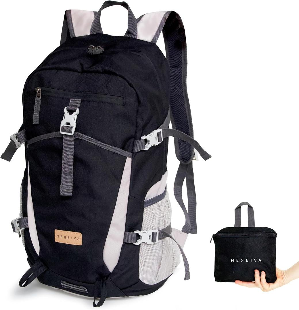 Foldable Backpack with Rain Cover - Multiple Pockets - Waterproof Lightweight Packable Backpack for Travel Camping, 35L Hiking Foldable Daypack for Men Women Black