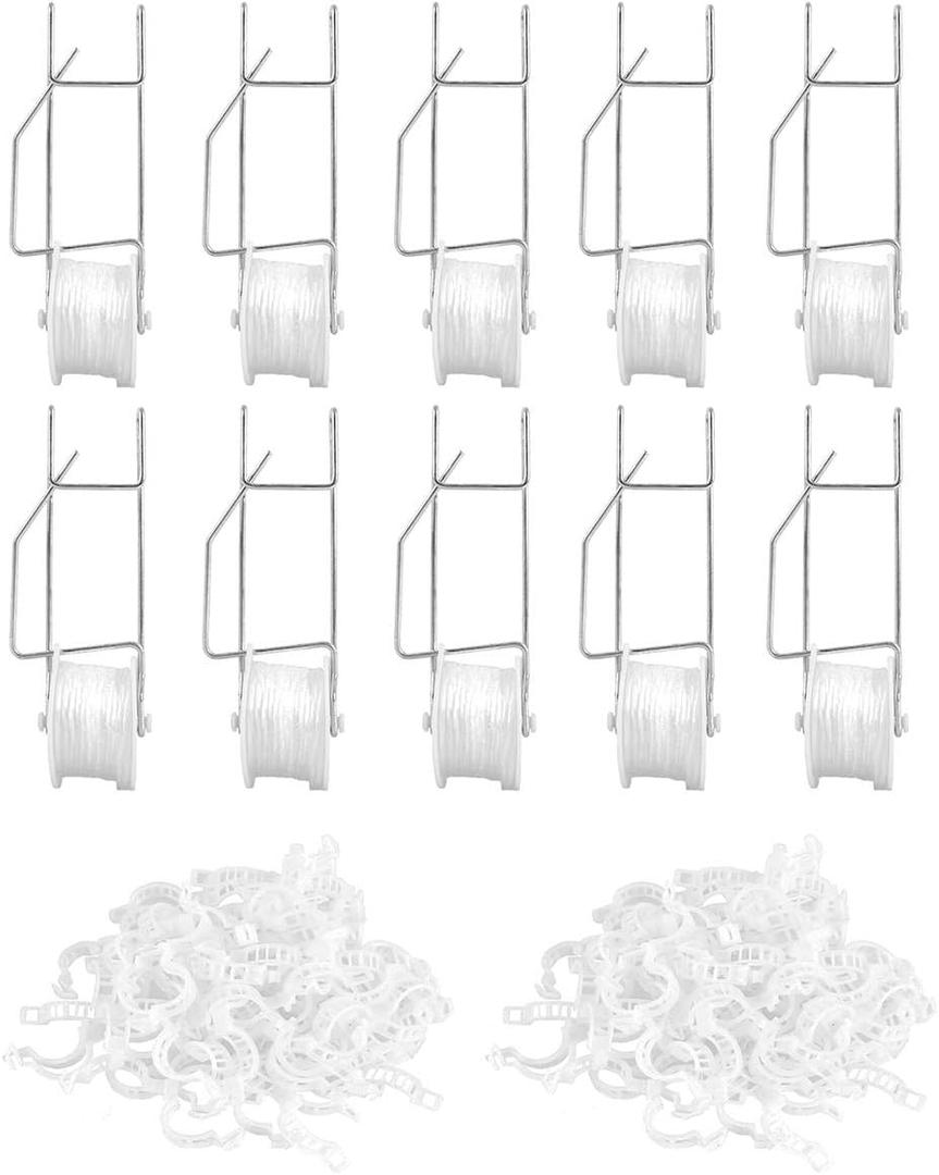 Greenhouse Trellising Kit 10PCS Plant Roller Hooks with 100PCS Tomato Support Clips for Tomato,Plant, Greenhouse,Flower Vine Twine Crop Trellis Kits