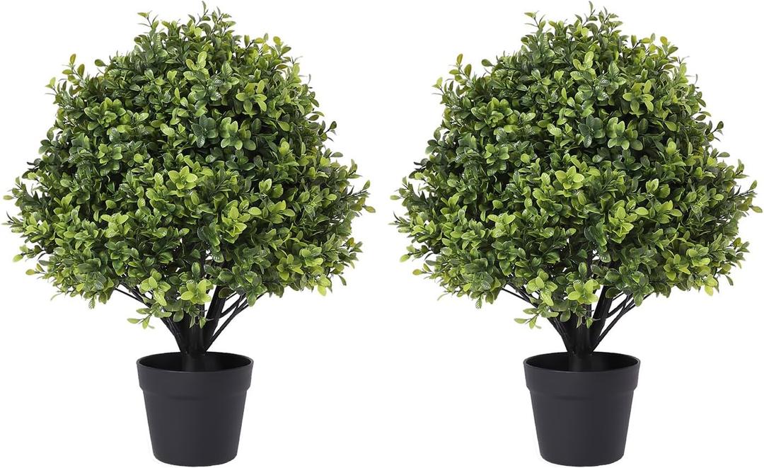 24" Faux Boxwood Plants Outdoor Set of 2, UV-Resistant Topiary Trees Artificial Bushes & Shrubs, Fake Potted Plants Realistic Evergreen for Planters Front Porch Patio Decor 2ft