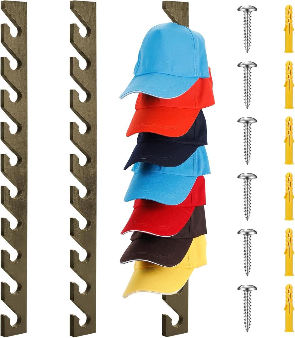 BBTO 3 Pack Wooden Hat Rack for Baseball Cap Wall Mount Hat Racks 30 Slot Vertical Baseball Cap Display Holder with 10 Hooks Organizer Wood Hanger for Door Entry Room Bedroom (Gray)