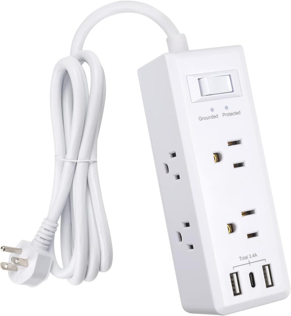 Clear Power 6-Outlet Surge Protector Power Strip with 3 USB Ports(1 USB-C), 5ft Power Cord, Flat Plug, Multi Outlets on 3 Sides, Desktop Charging Station, White, DC3S-1106-DC