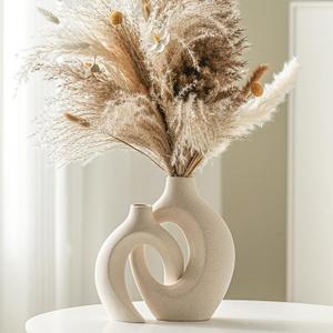 Snuggle Hollow Ceramic Vase Set of 2, Nordic Modern Boho ins Style Decorative Ceramic Aesthetic Flower Vase for Home Decor (Milky White W 6.3" X H 8.4") (Cream White)