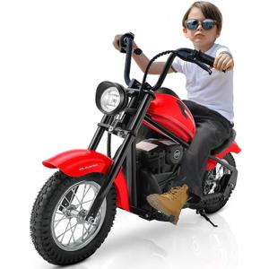ELEMARA Electric Dirt Bike, 15 mph & 150lb Max, 24V Ride on Toy for Big Kids w/LED Lights & Power Display,Chain-Driven Motor,Twist-Grip Throttle, Shock Springs,Handbrake,12" Air-Filled Tires-Red, Large