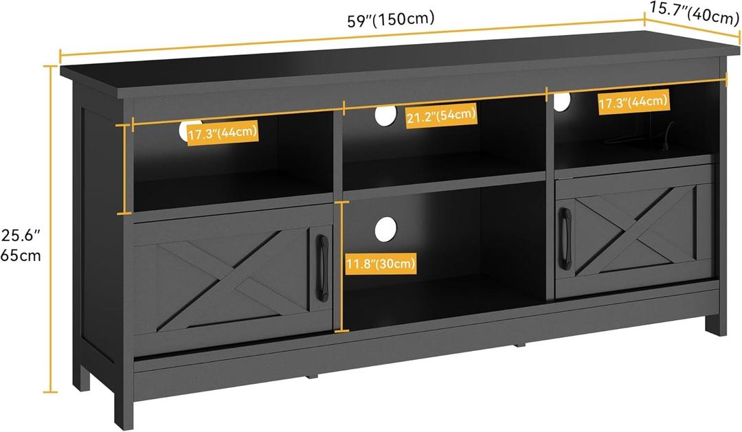 DWVO Farmhouse TV Stand for TVs Up to 65 Inch, Entertainment Centre with LED Light, TV Table with Power Outlet, TV Console for Living Room Bedroom, 59 Inches Black