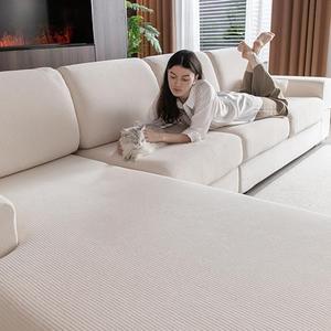 OHSIO Sectional Couch Covers, Wear Resistant Stretch Sofa Covers Washable Soft Couch Cushion Covers Anti Slip Furniture Protector Sofa Slipcovers for Pets (1 Piece Large Cover, Ivory)