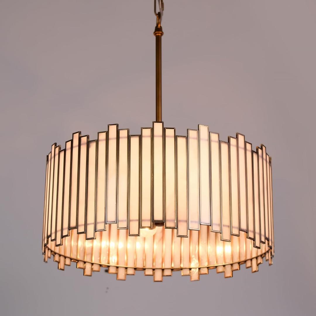 Wrlmfy Drum Chandelier 4-Light, Brass Gold Tiffany Pendant Lighting Fixture with Stained Grey Glass Shade, 16” Round Ceiling Hanging Lamp for Bedroom Dining Room Kitchen Entryway Living Room