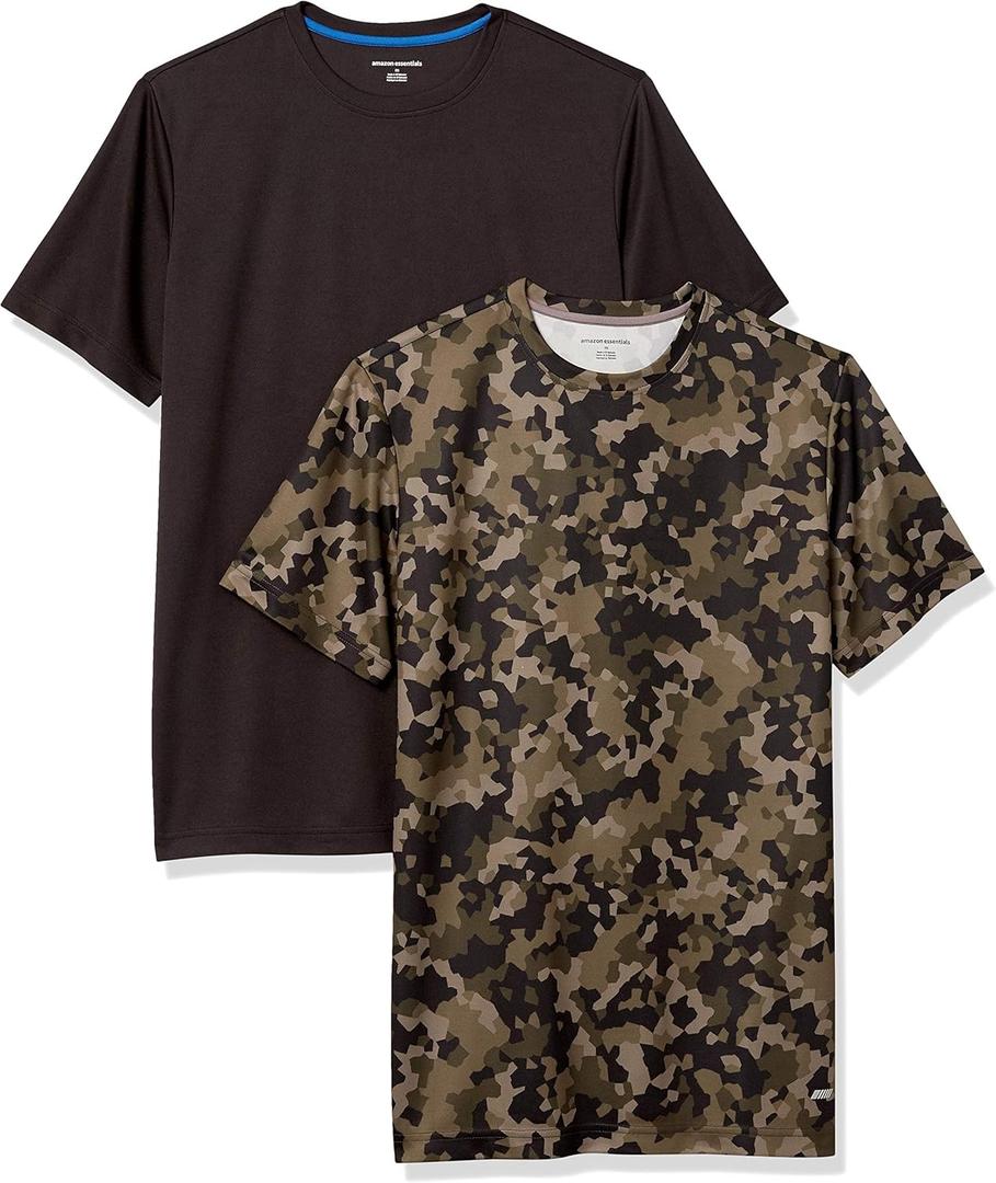 Amazon Essentials Men's Active Performance Tech T-Shirt - Discontinued Colors, Pack of 2 (Black/Olive Geo Camo), 2XL