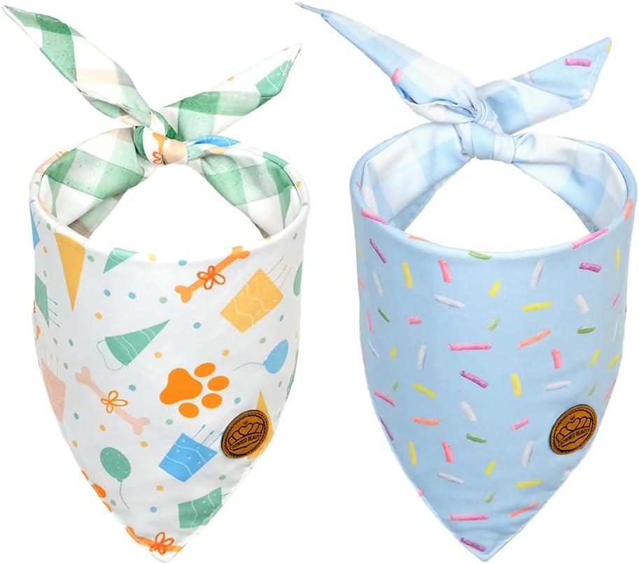 CROWNED BEAUTY Birthday Dog Bandanas Reversible Large 2 Pack, Celebration Set, Plaid Adjustable Triangle Holiday Blue Green Scarves for Medium Large Extra Large Dogs Girl Boy Pets DB43-L