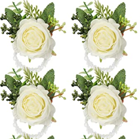 Jexine 4 Pcs Rose Wrist Corsage Bracelets Wedding Bridal Wrist Artificial Flower Wristband Flower Hand Decor for Bride Bridesmaid Homecoming Prom Party Decor(White Elegant)