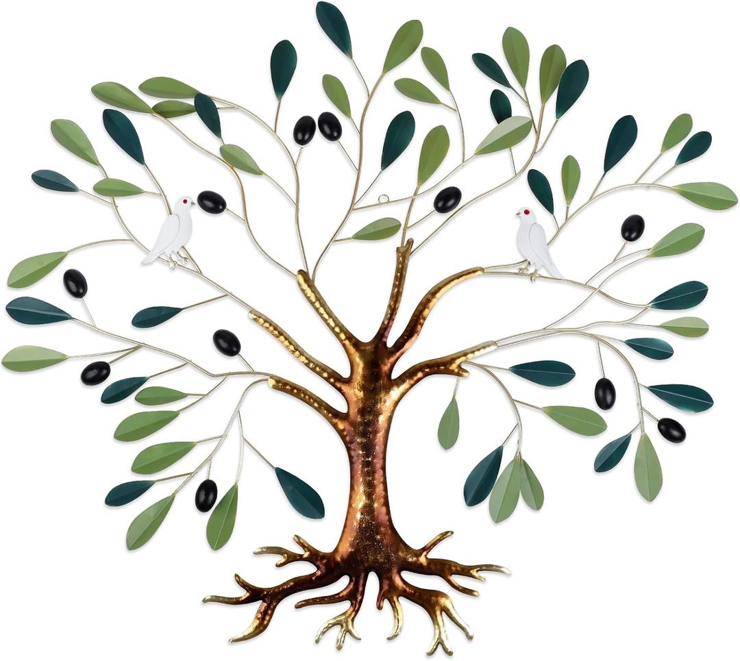 Fangoo Metal Green Olive Tree Metal Wall Art Tree of Life Home Decor with Dove of Peace 22 x 26 Large Olive Branches Lifelike Fruits Wall Hanging for Living Bedroom Garden Porch Office Wall Decor