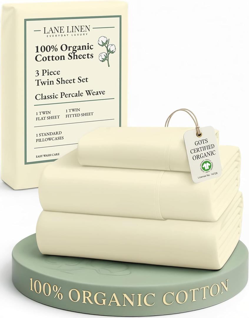 LANE LINEN 100% Organic Cotton Twin Bed Sheet Set, Soft, Comfy & Breathable Hotel Style Percale Bedding Sheets & Pillowcases Set, Mercerized Cotton Fully Elasticized Sheets Twin- Vanilla