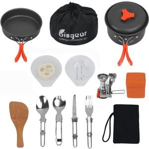 Bisgear 16pcs Camping Cookware Set - Backpacking Stove & Mess Kit - Pots, Pans & Accessories - Survival Gear (Orange)