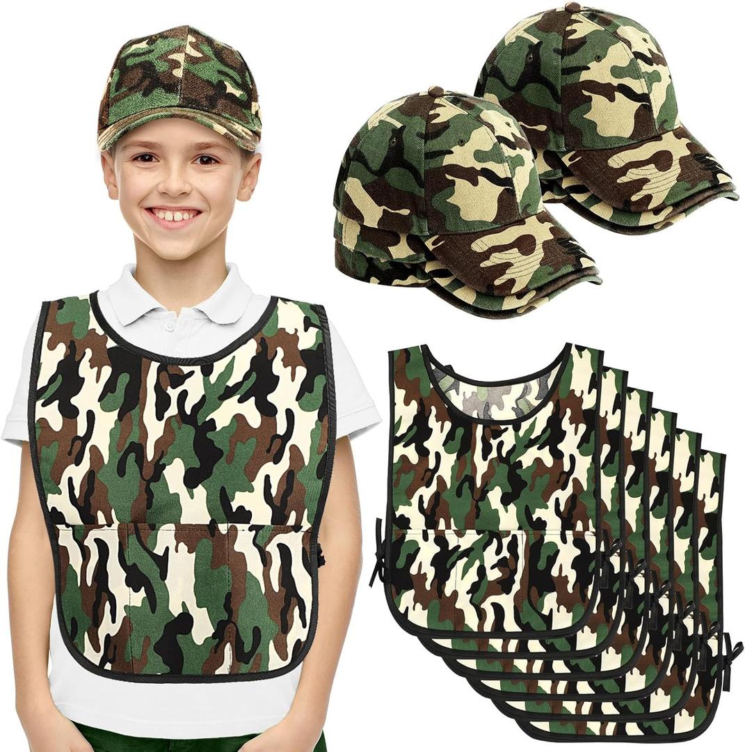 Unittype 12 Pcs Army Soldier Costume Include 6 Camouflage Military Caps and 6 Camouflage Vests for Kids Birthday Party Cosplay Party Costumes Dress Role Play Set for Kids Aged 6-12