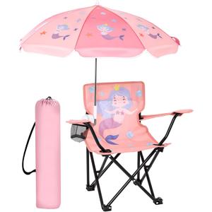 Outdoor Toddler Camping Chair with Umbrella Foldable Beach Chairs with Safety Lock for Kids Waterproof Lawn Kids Folding Chair for Outside Beach Travel(Mermaid)