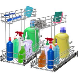 Under Sink Organizer 2 Packs, Pull Out Cabinet Organizer 2 Tier, Under Sink Slide Out Organizer Chrome Plated, Under Kitchen Bathroom Sink Organizer, Pantry Cabinet Closet Organization Rack, 9"W X17"D