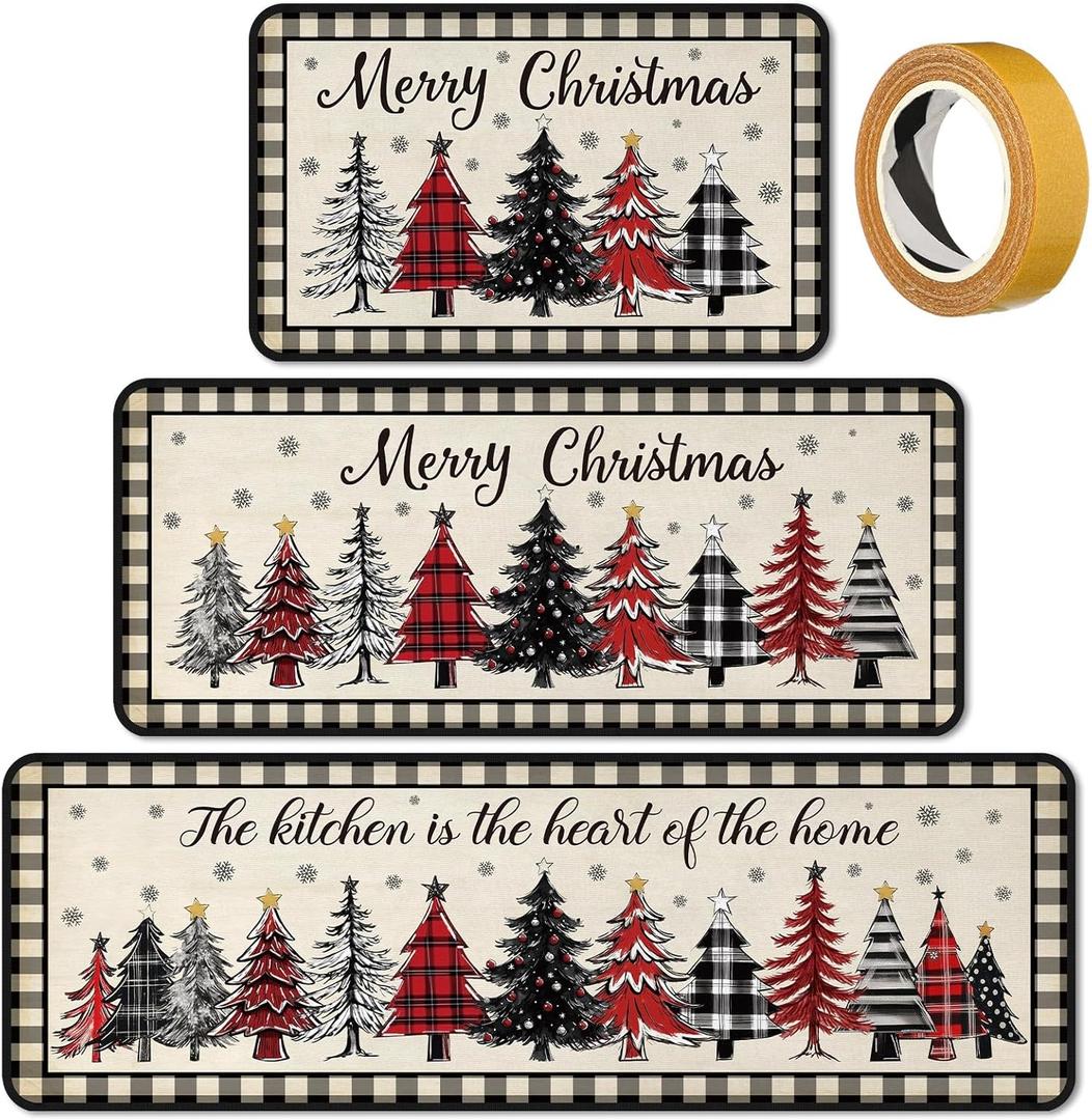 Bencailor 3 Pieces Christmas Kitchen Rugs Set Non Slip Washable Kitchen Mats Buffalo Plaid Anti Fatigue Welcome Door Mat Floor Rugs Absorbent for Home Laundry Living Room and Hallway(Multicolor) (Black and White)